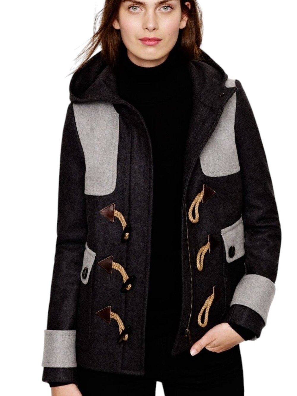 Jcrew Duffle Coloblock Wool Short Peacoat Hooded L